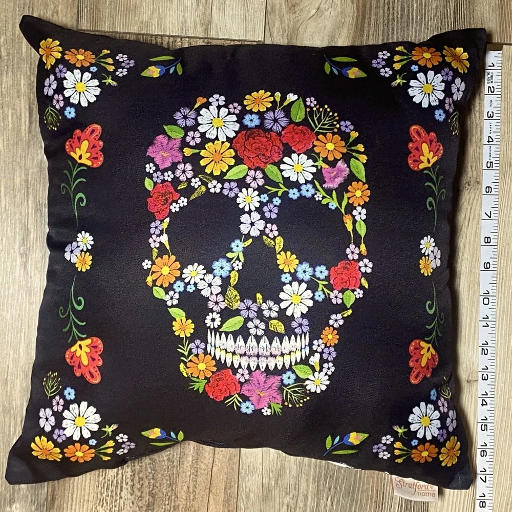 Stratford Home Black Floral Skull Decorative Throw Pillow